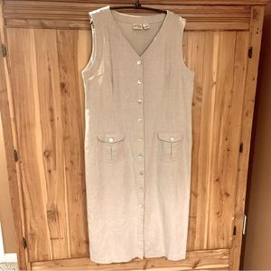 Vintage Linen Maxi Dress Neutral Button Front Pockets St. John’s Bay coastal